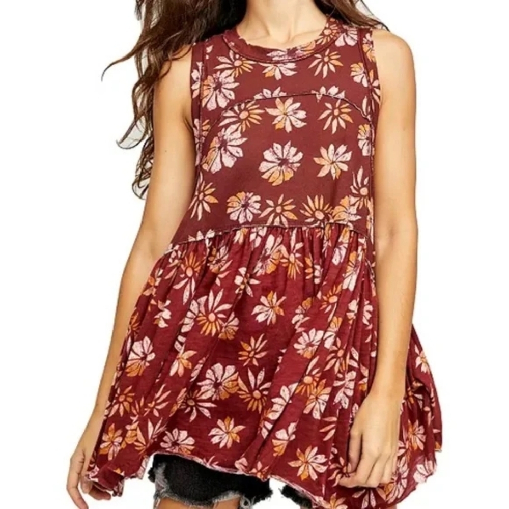 Free People Floral Brown and Pink Top